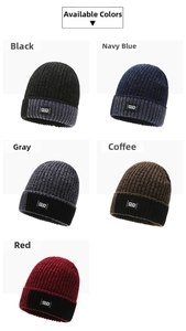 Detailed grid showing thick knit beanies in black, navy, grey, coffee and red colors