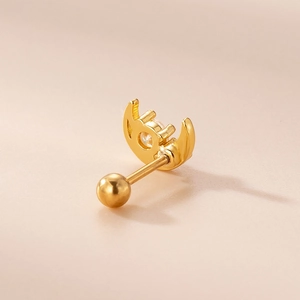 Golden moon-shaped stud earring with colorful zircon and screw back for cartilage piercing