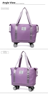 Macro detail of purple waterproof travel bag showing the 360-degree swivel wheels