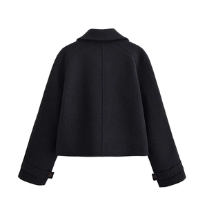 Back view of a classic black short wool coat with a turnover collar on white background