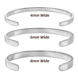 Polierte silberne C-förmige Edelstahl-Armreifen in den Breiten 4 mm, 6 mm und 8 mm
