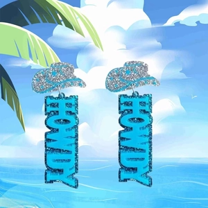 Sparkly blue HOWDY acrylic cowboy hat earrings in a creative western punk style