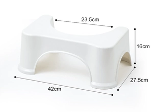 Detailed dimensions of white U-shaped plastic toilet stool with 16cm height and 42cm length