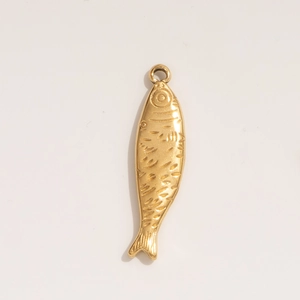 Golden stainless steel fish pendant accessory with scale texture on white background