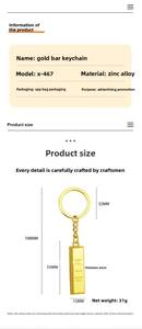 Detailed size specifications of the gold bar keychain in polished zinc alloy