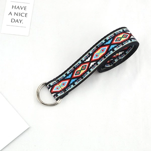 Ethnic style woven canvas belt with colorful geometric patterns and silver D-ring buckle
