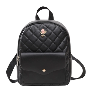 Black quilted PU leather mini backpack with pink rose metal accent and front pocket