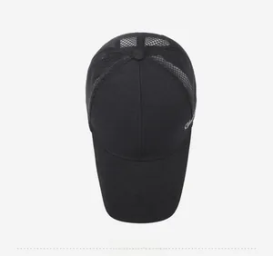 Top view of black mesh baseball cap showing breathable design and side embroidery