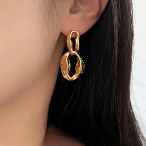 Irregular Geometric Link Buckle Dangle Earrings For Women Minimalist Metal Texture Jewelry Copper With 925 Sterling Silver Earring Post