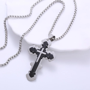 Men's retro stainless steel cross pendant necklace with silver and black two-tone design