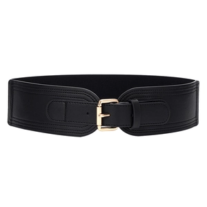 Elastic wide black waist belt for women with golden rectangular buckle on white background