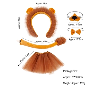 Lion costume set with ears headband, nose, bowtie, tail, and tutu showing size details