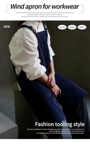 Detail of navy canvas apron featuring large pockets and adjustable neck strap buckle