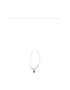 Detail of water drop necklace with green zircon, imitation pearls, and size specs