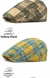 Detailed close-up of retro plaid pattern fabric on two stylish cotton beret hats