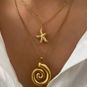 Starfish Conch Pendant Necklace Waterproof Gold Plated Stainless Steel Ocean Theme Beach Jewelry For Women