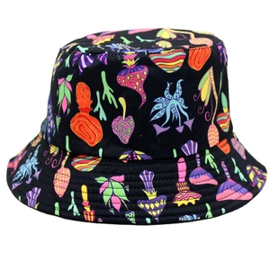 Unisex black bucket hat with colorful mushroom and botanical pop art prints for outdoor sun protection