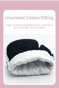 Detail of insulated cotton filling inside black oven glove showing thick quilting
