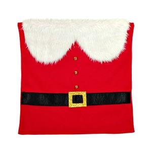 Détail de la housse de chaise de Noël rouge avec bordure en peluche et boucles dorées