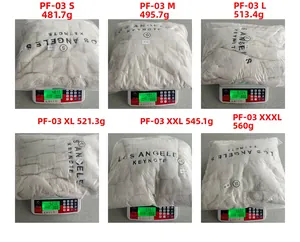 Size chart showing model PF-03 heavy weight hoodies from 481g for size S to 560g for 3XL