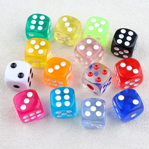 Macro shot of 14 colorful acrylic six-sided dices for DIY creative jewelry accessories