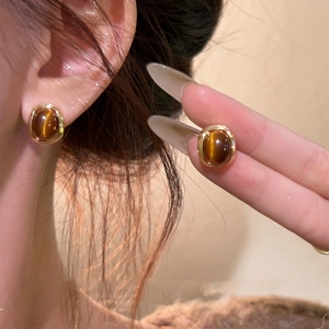 Vintage Resin Round Stud Earrings For Women Real Gold Plated Geometric Amber Texture Maillard Style Elegant Ear Jewelry Accessories