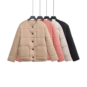 Women Quilted Cotton Jacket Round Neck Single Breasted Lightweight Long Sleeve Padded Coat With Pockets Casual Outwear