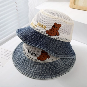 Kids denim mesh bucket hat with bear embroidery and breathable design for summer outdoor sun