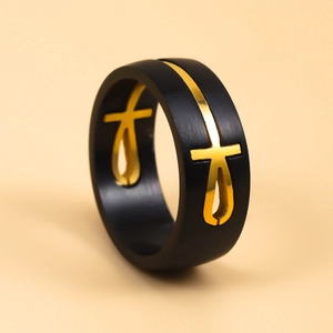 Unique matte black stainless steel ring with polished golden Egyptian Ankh cross symbol