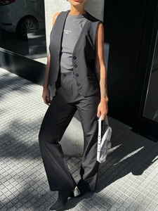 Women's 3-piece business casual set with black vest, straight trousers and Tribeca tee