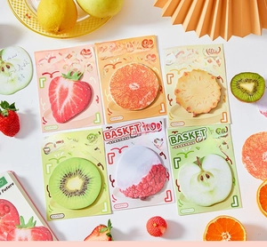 Detailed flat lay of 6 fruit-shaped sticky notes featuring strawberry and pineapple designs
