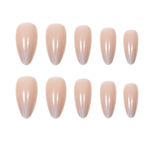 Holographic almond press-on nails with minimalist laser gradient finish on white background