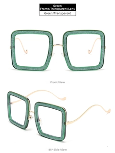 Detail of green glitter square glasses with elegant thin gold wavy metal temples