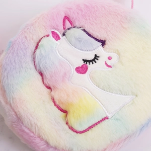 Rainbow tie-dye plush unicorn crossbody bag for girls with soft colorful faux fur