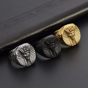 Vintage Egyptian Pharaoh head ring set in gold, silver, and black titanium steel finishes