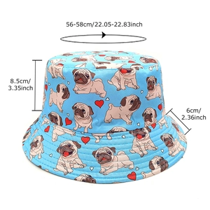 Reversible bucket hat with cartoon pug dog print and sizing chart for men and women