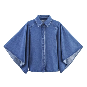 Damen Denim Hemd Fledermausärmel V-Ausschnitt Kimono Stil Lässig Mode Button Down Blau Langarm Top