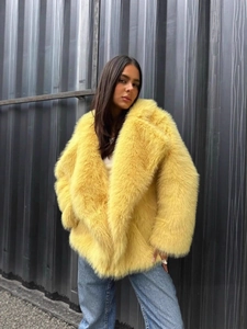 Women Faux Fur Coat Yellow Long Sleeve Lapel Loose Oversized Winter Warm Mid Long Jacket Cardigan Fashion Outerwear