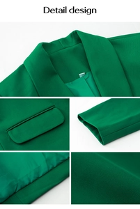 Détails du col d'un blazer vert, poches à rabat, poignets et texture du tissu