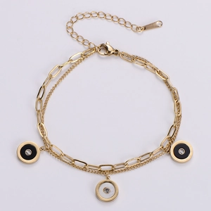 Double Layer Bracelet Women 18K Gold Plated Stainless Steel Roman Numeral Round Pendant Rhinestone Elegant Jewelry