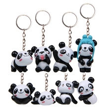 Detailed set of eight miniature panda keychain charms in diverse cartoon poses