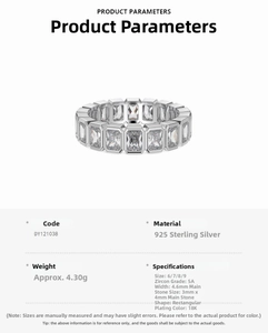 Detailed technical view of S925 sterling silver ring with 5A emerald-cut zircon stones