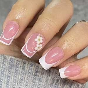 Pink French square press-on nails with 3D white flower accents and gold beads for women