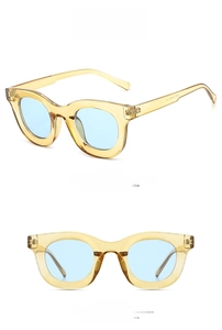 Detailed front and side views of retro round sunglasses with yellow frames and blue lenses