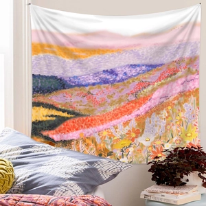 Detailed fabric texture of impressionist mountain tapestry in a cozy bedroom setting