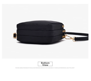 Detailed bottom view of a black nylon crossbody phone bag with triple zipper compartments