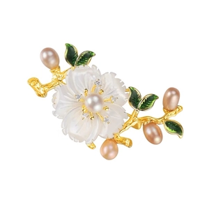 Elegant floral lotus brooch with mother of pearl petals and pink pearls for sweaters