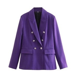 Minimalist purple slim fit double-breasted blazer for women with silver metal buttons