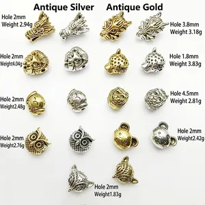 Antique silver and gold animal head spacer beads with dimensions for DIY jewelry making