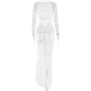 Detail of white lace maxi dress featuring backless design and intricate floral patterns